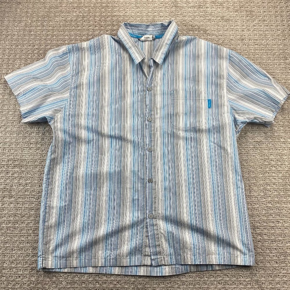 Vintage Calvin Klein Shirt Men Extra Large XL Blue White Gray Striped Button Up